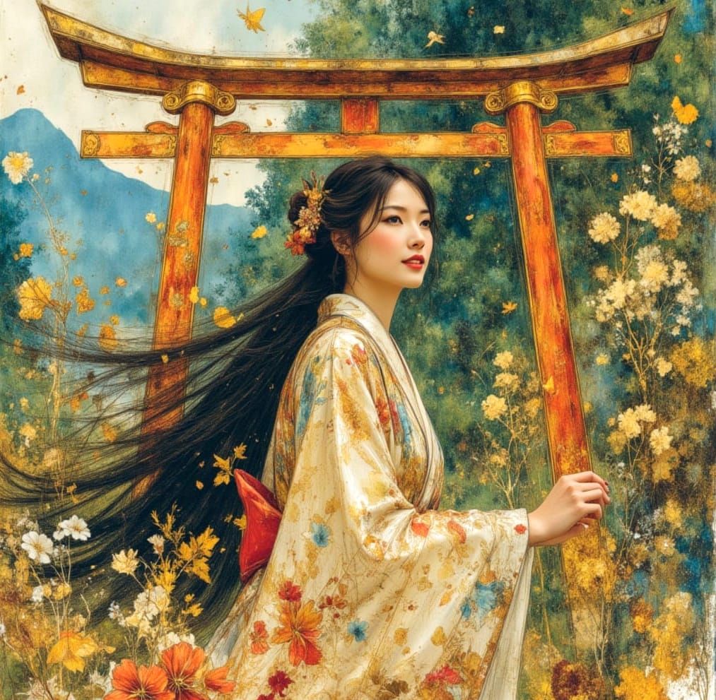 Graceful Lady at Torii Gate in Watercolour Style