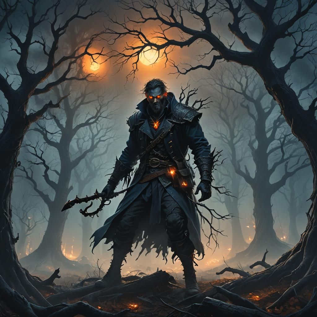 Haunted Woods: Hook-Armed Man in Dark Fantasy Art