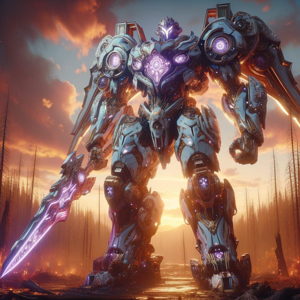 Towering Alien Mech in Fiery Sunset