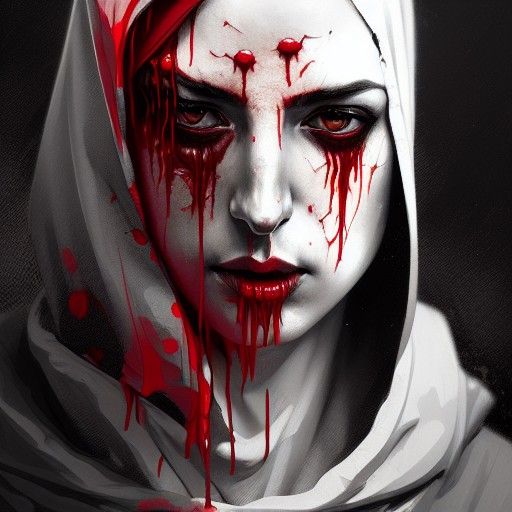 Blood-Soaked Hooded Figure Portrait in Dystopian Style