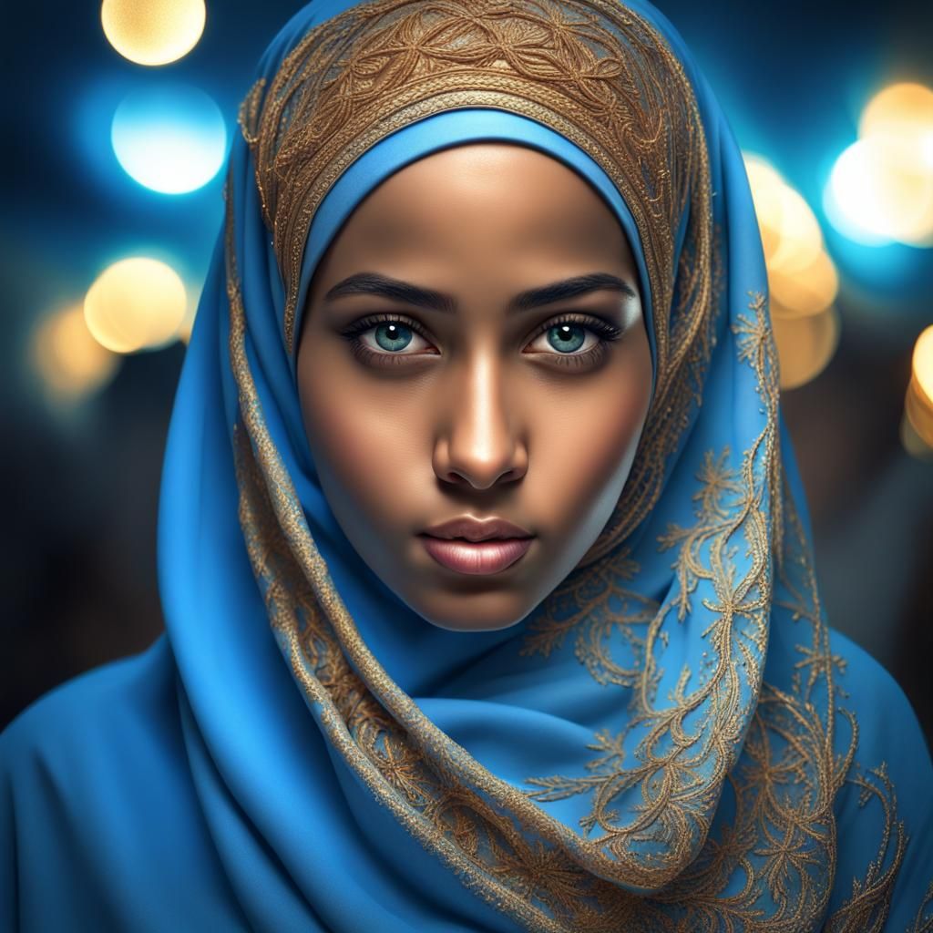 Muslim Girl in Blue Hijab with Golden Accents