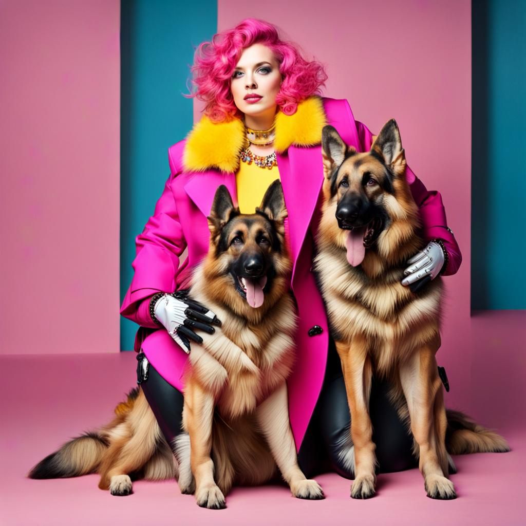 Maximalist Fashion Model with German Shepherd