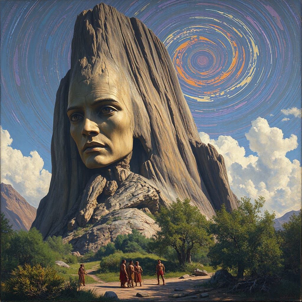 Colossal Mountain Face with Tribal Ritual, Impasto Style