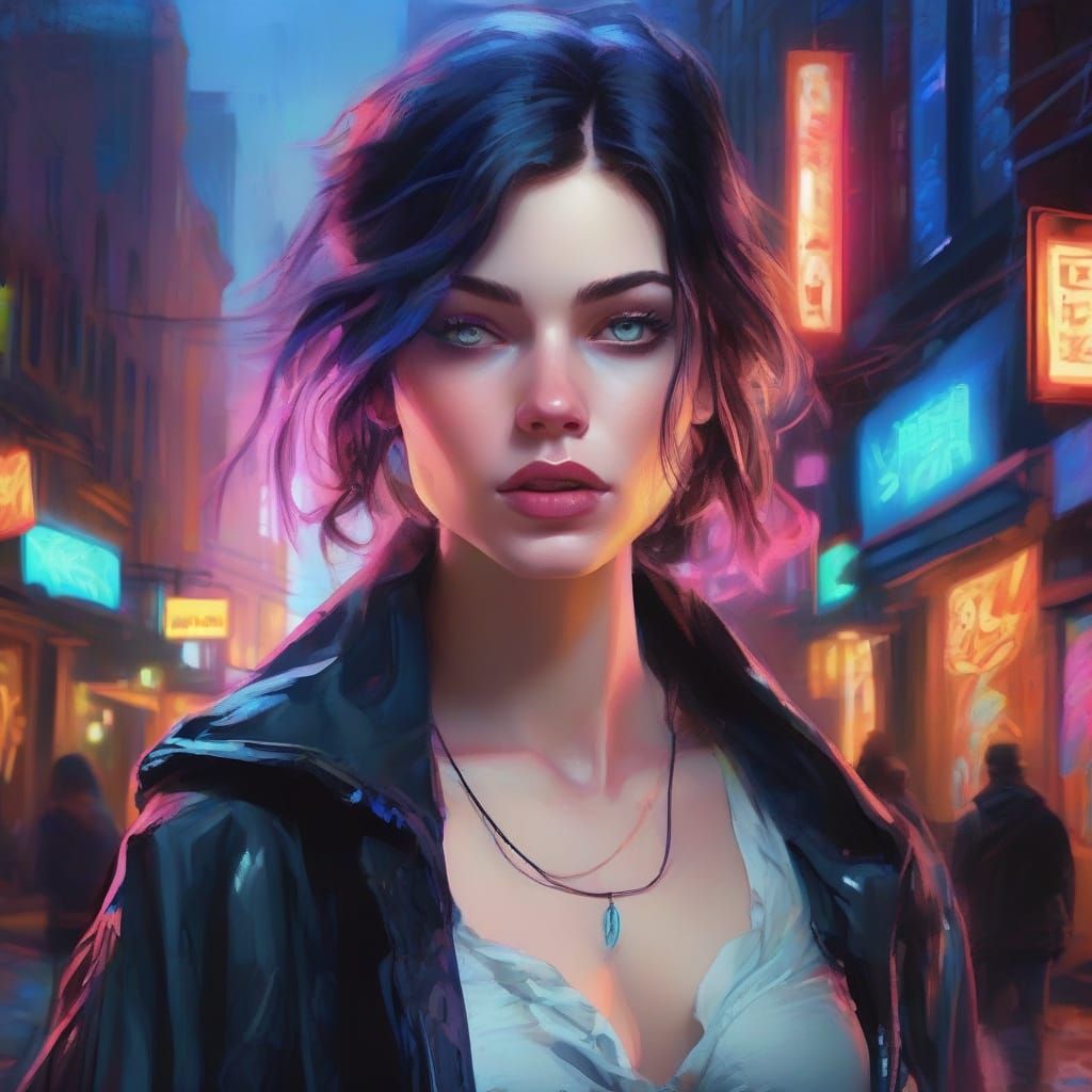 Neon Goth Woman in Alleyway, Splash Art Style