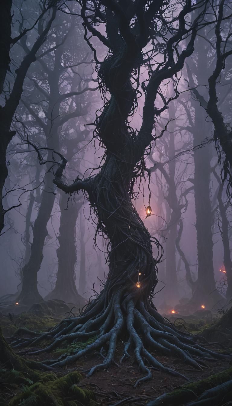 Dark Spirits Swirling Around Runes in Misty Forest