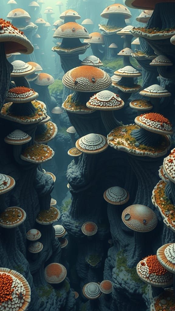 Fungal Metropolis in Surreal Neo-Futurism Style