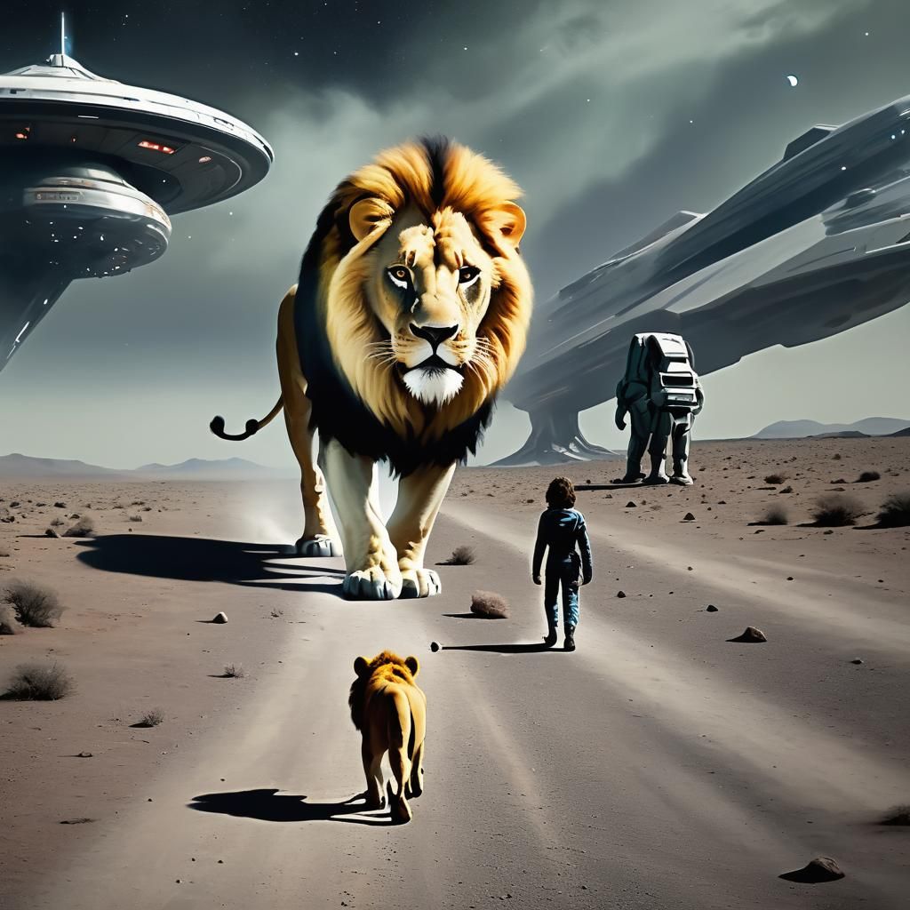 Lion Approaches Alien Outside Spaceship