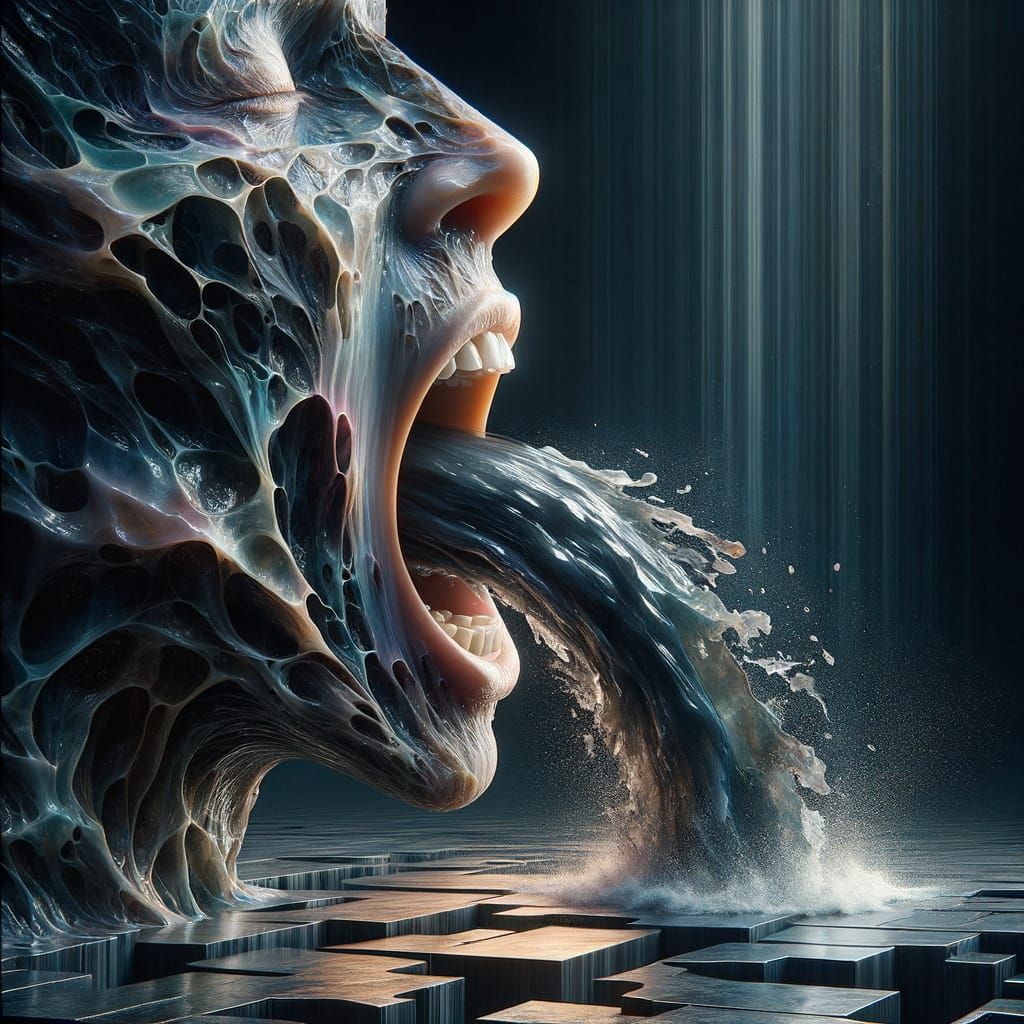 Surreal Waterfall Erupting from Open Mouth