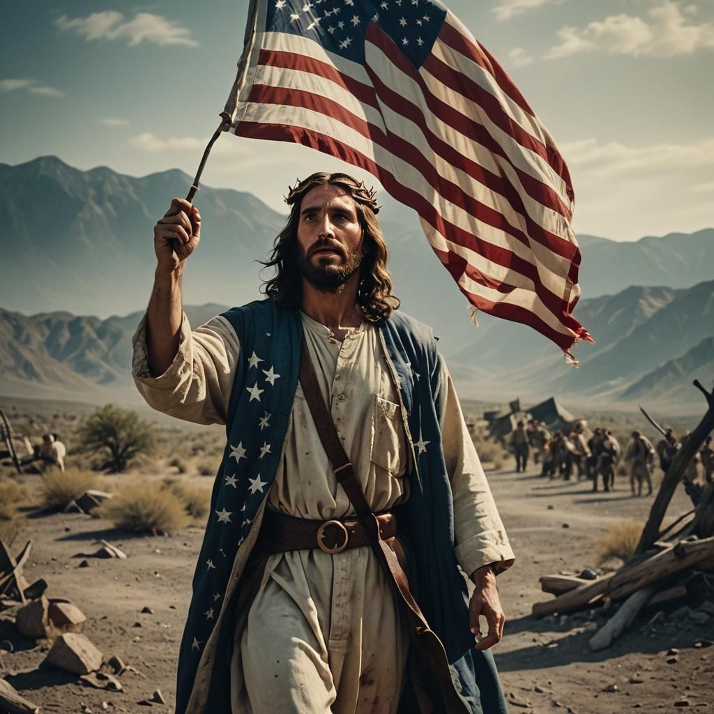 Jesus Christ Holding American Flag Cinematic Still