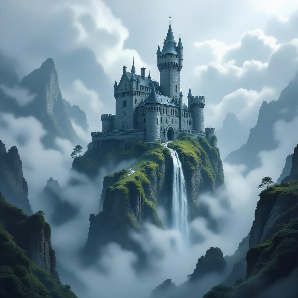 Ancient Castle on Floating Island in Stormy Sky