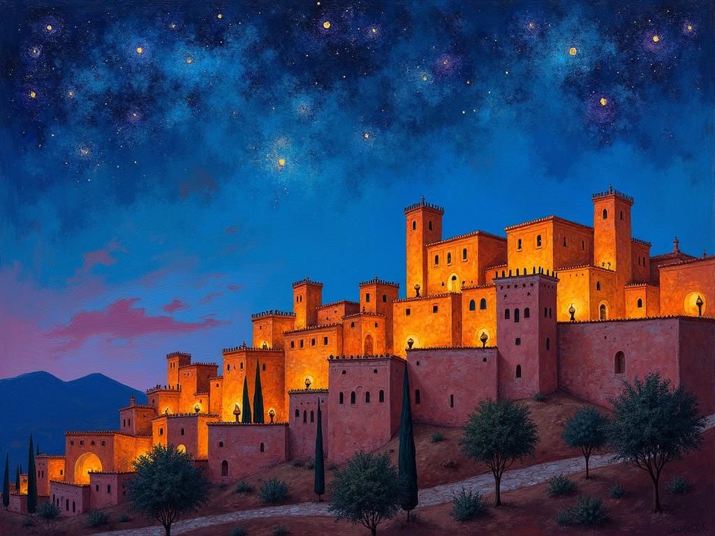 Moroccan Village Under Starry Night in Post-Impressionist St...