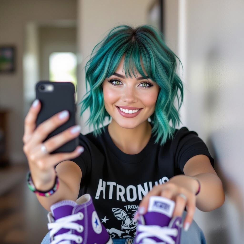 Selfie of Woman with Heterochromatic Eyes Holding Sneakers