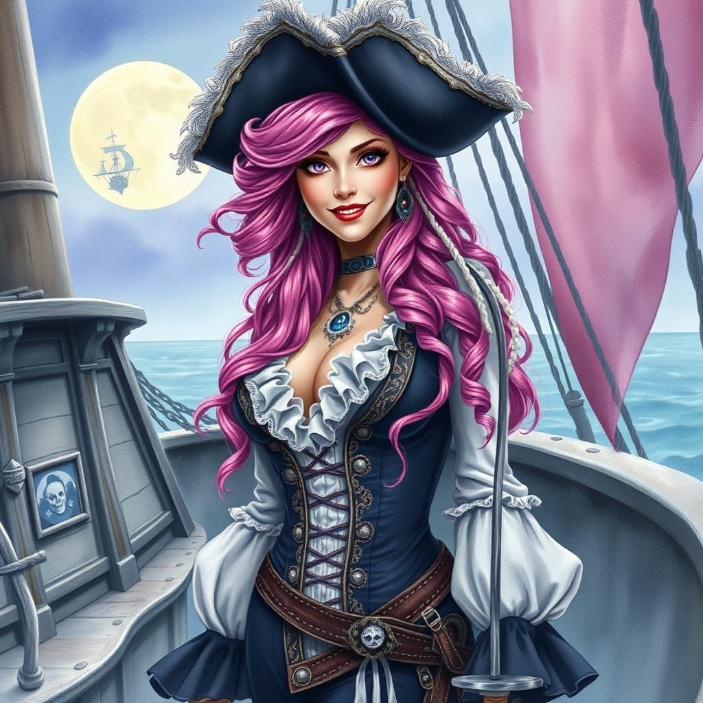 Gothic Pirate Siren in Moonlit Watercolor