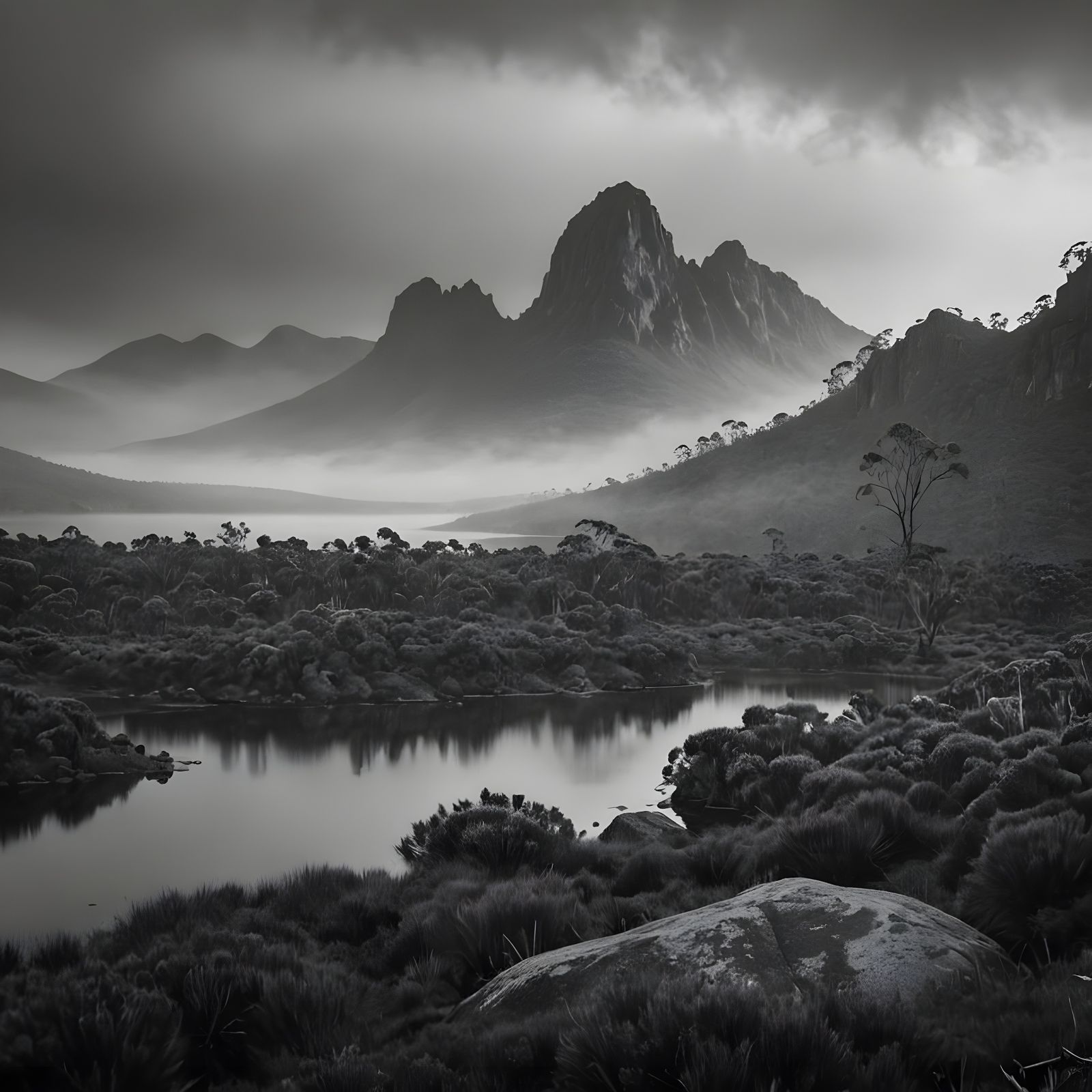 Tasmanian Mountain Landscape in Black and White