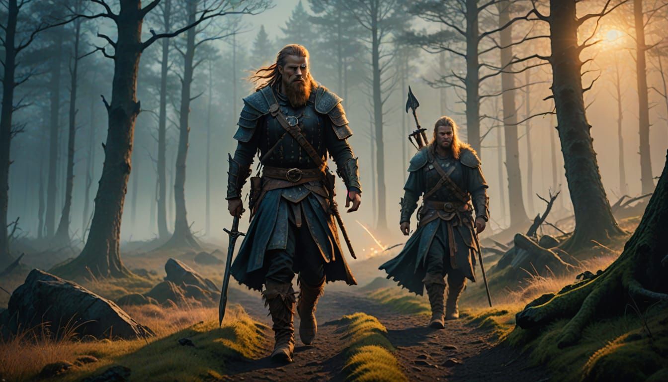 Nordic Warrior's Journey into the Misty Forest
