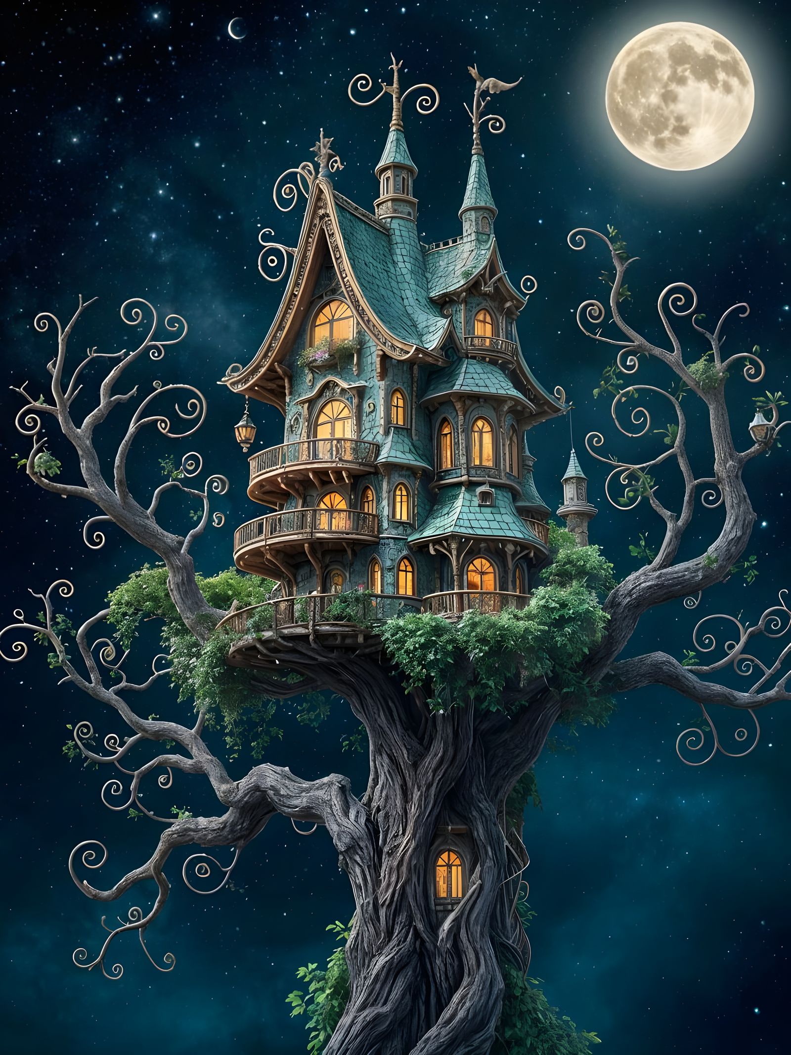Dreamy Treehouse Palace under the Moonlit Night