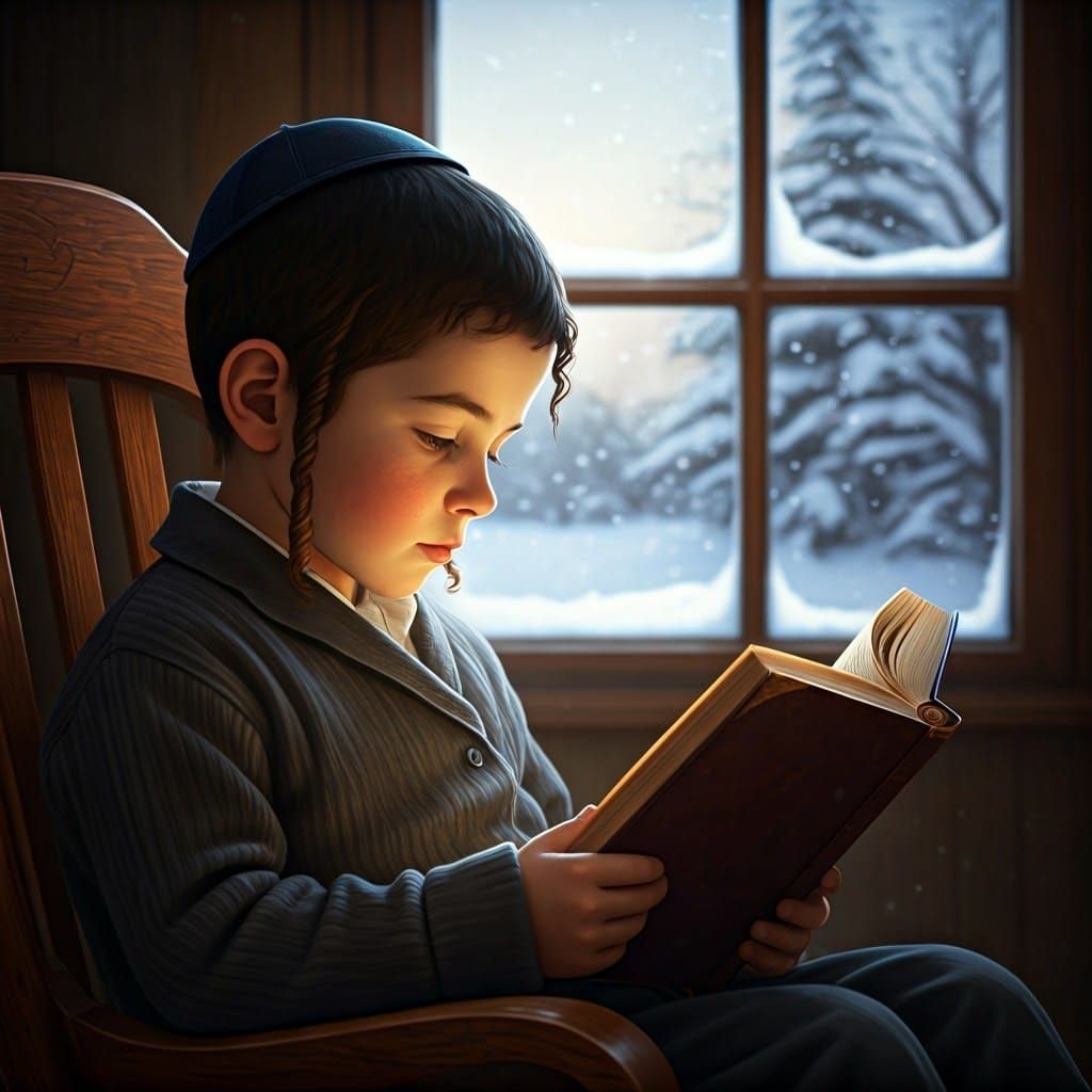 A Young Haredi Boy Enjoys Cozy Winter Afternoon in Tradition...