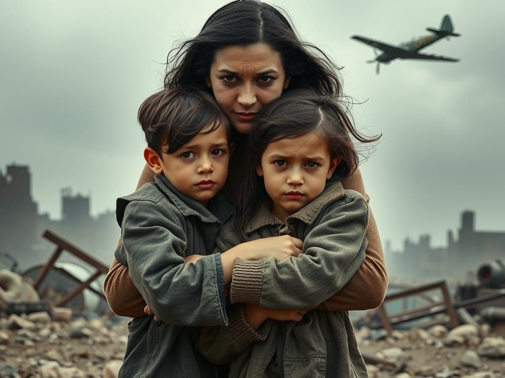 Mother Protects Children in Ruins of War