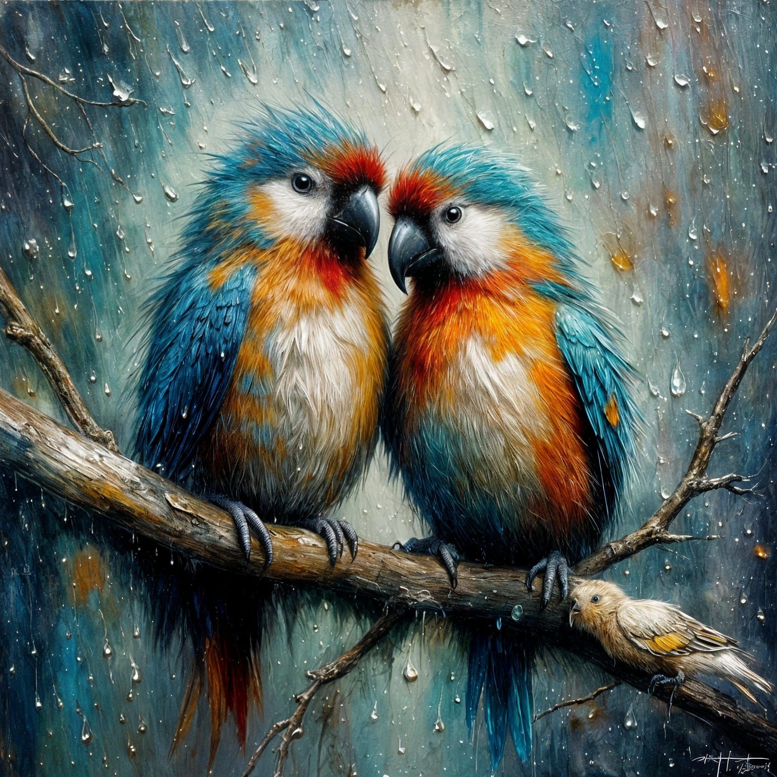 Lovebirds in Rain: An Oil Painting
