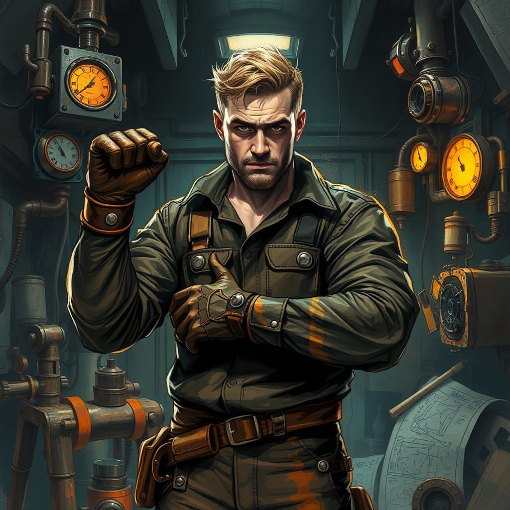 Mystical Garage: Handsome Mechanic in Steampunk Style