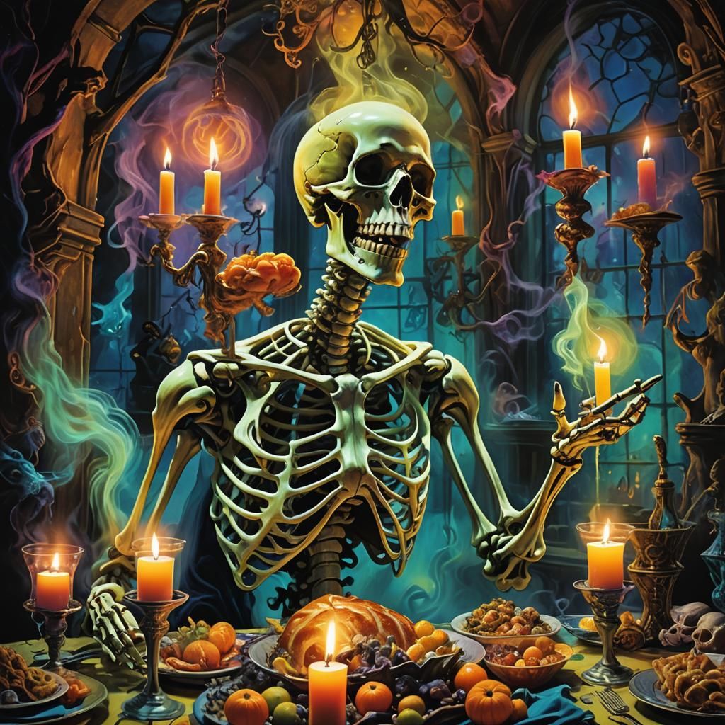 Surreal Fluorescent Skeleton Serves Witches Feast