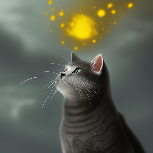 Grey Cat with Yellow Eyes in Detailed Matte Painting