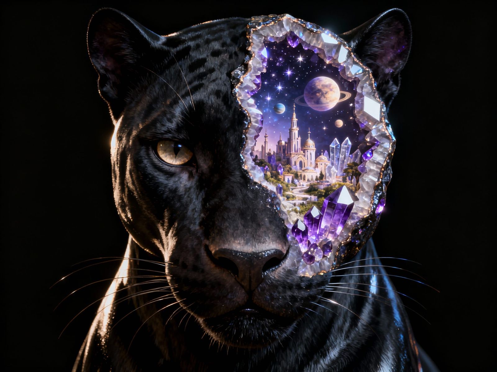 Black Panther With Geode Head, Fantasy City Inside
