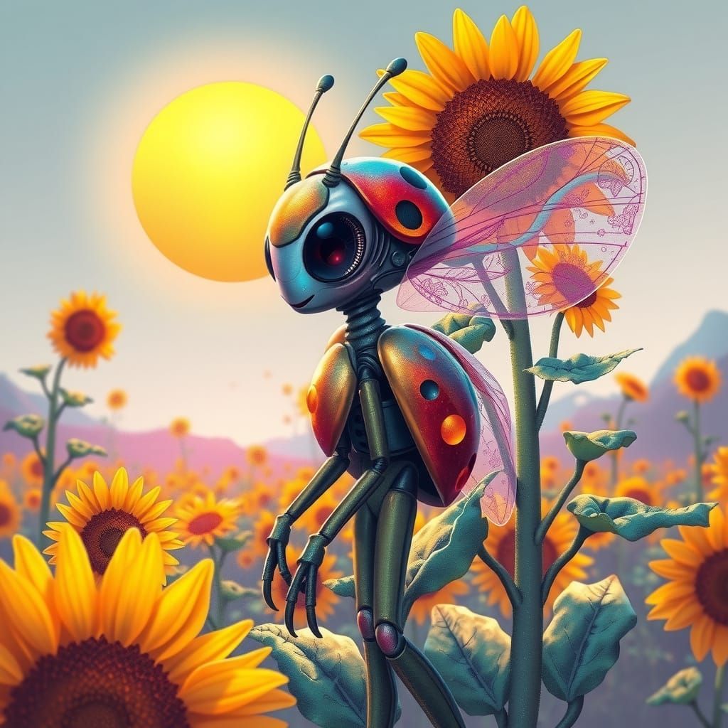 Ladybug Alien Explores Futuristic Sunflower Landscape