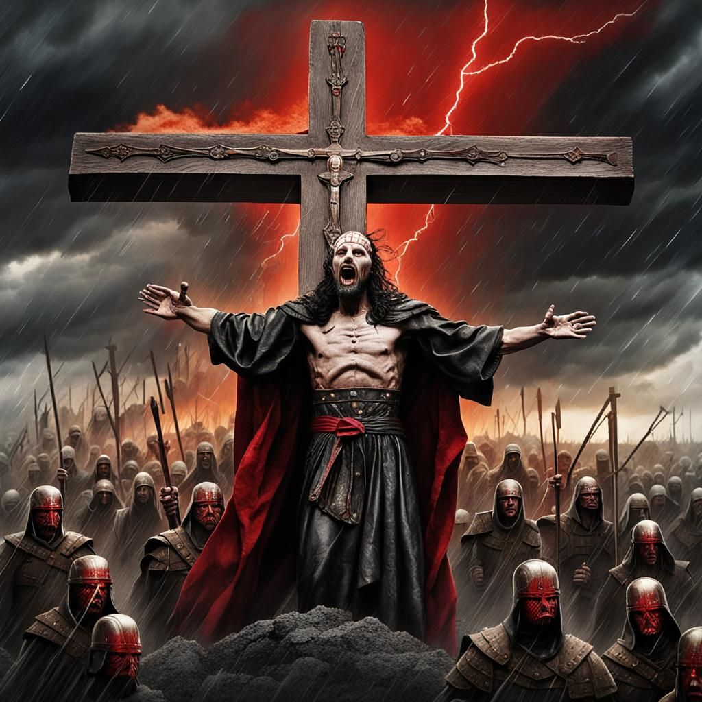 Pinhead as Christ on the Cross in Dark Fantasy Art