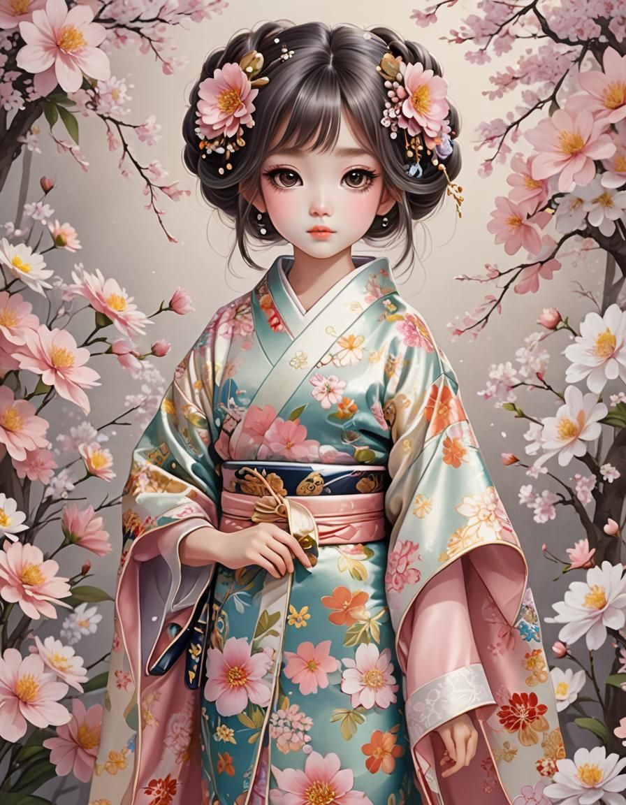 Cute Girl in Kimono with Flowers