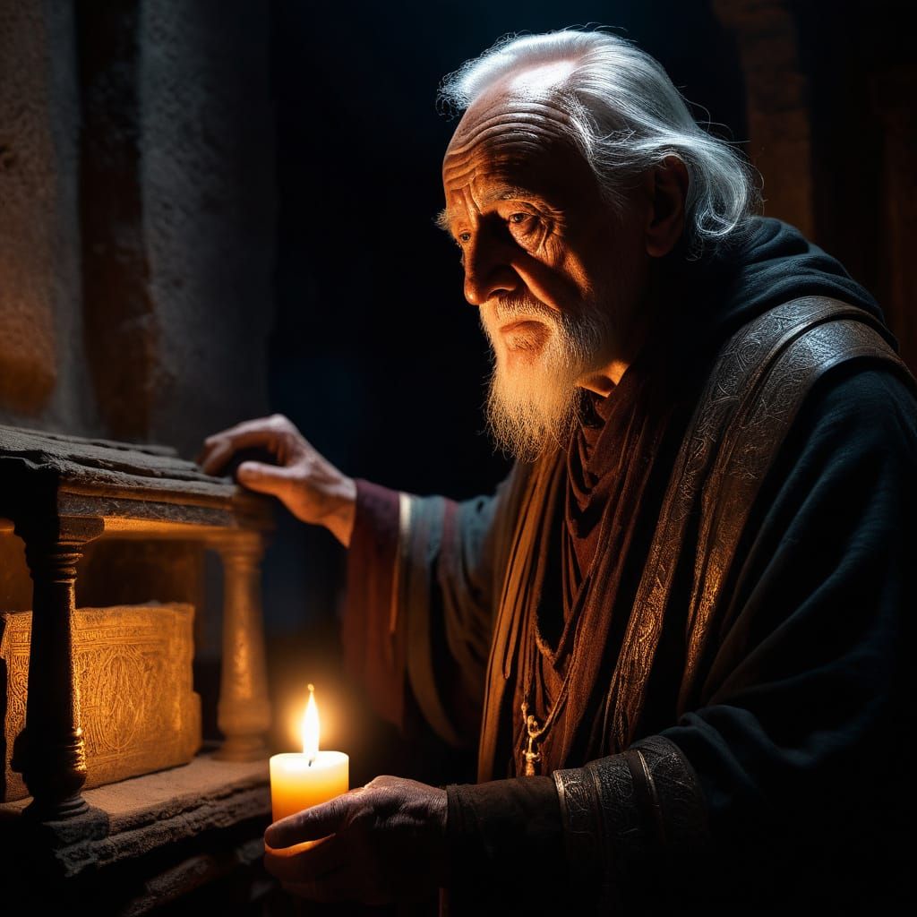 Mystical Realism: Old Man in Dimly Lit Chamber