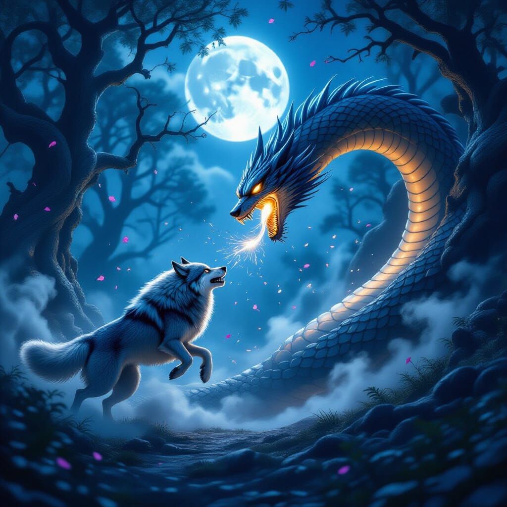 Wolf and Serpent Battle in Enchanted Forest