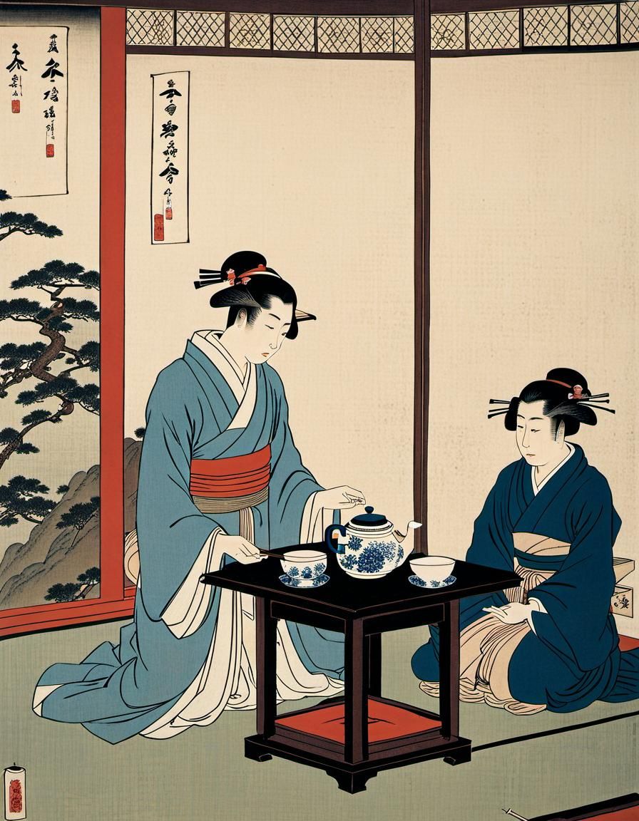 Peaceful Tea Ceremony in Ukiyo-e Style