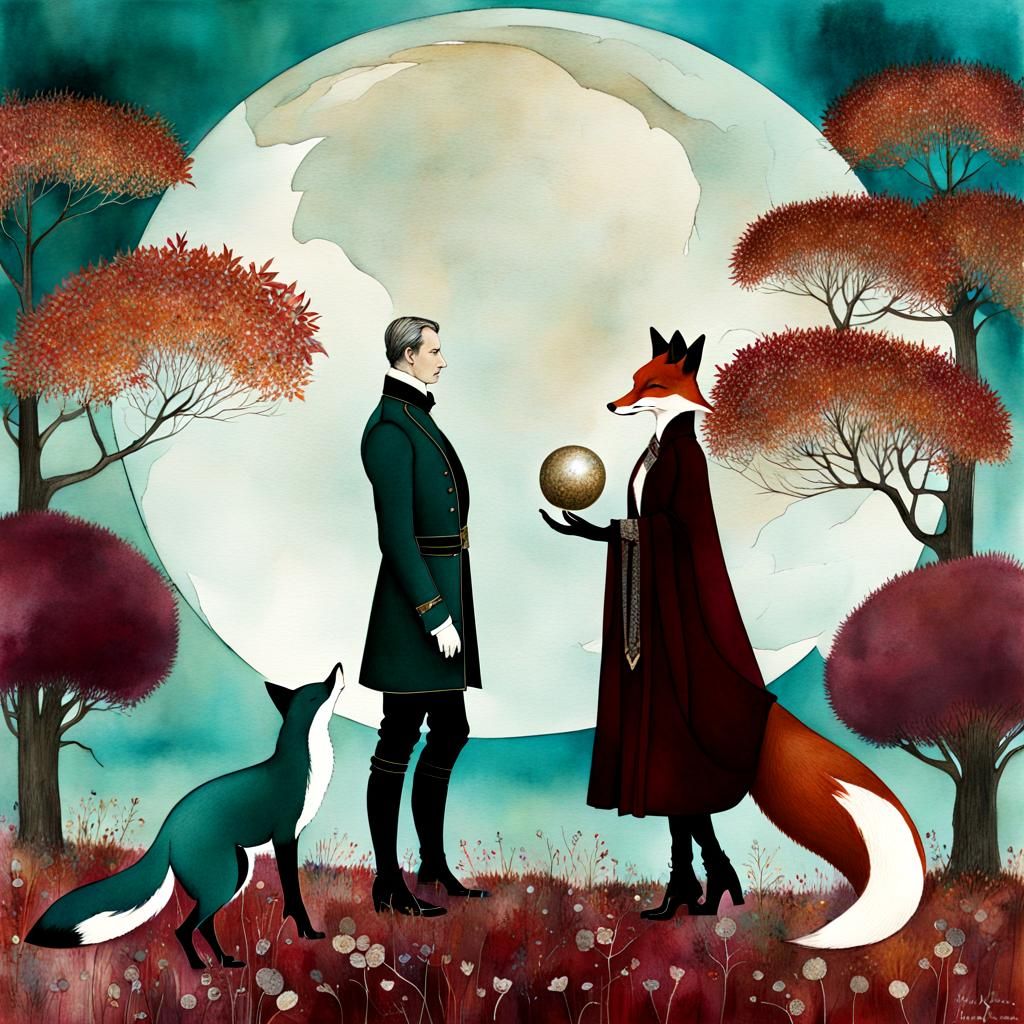 Autumn Fox in Meadow, Mixed Media Collage