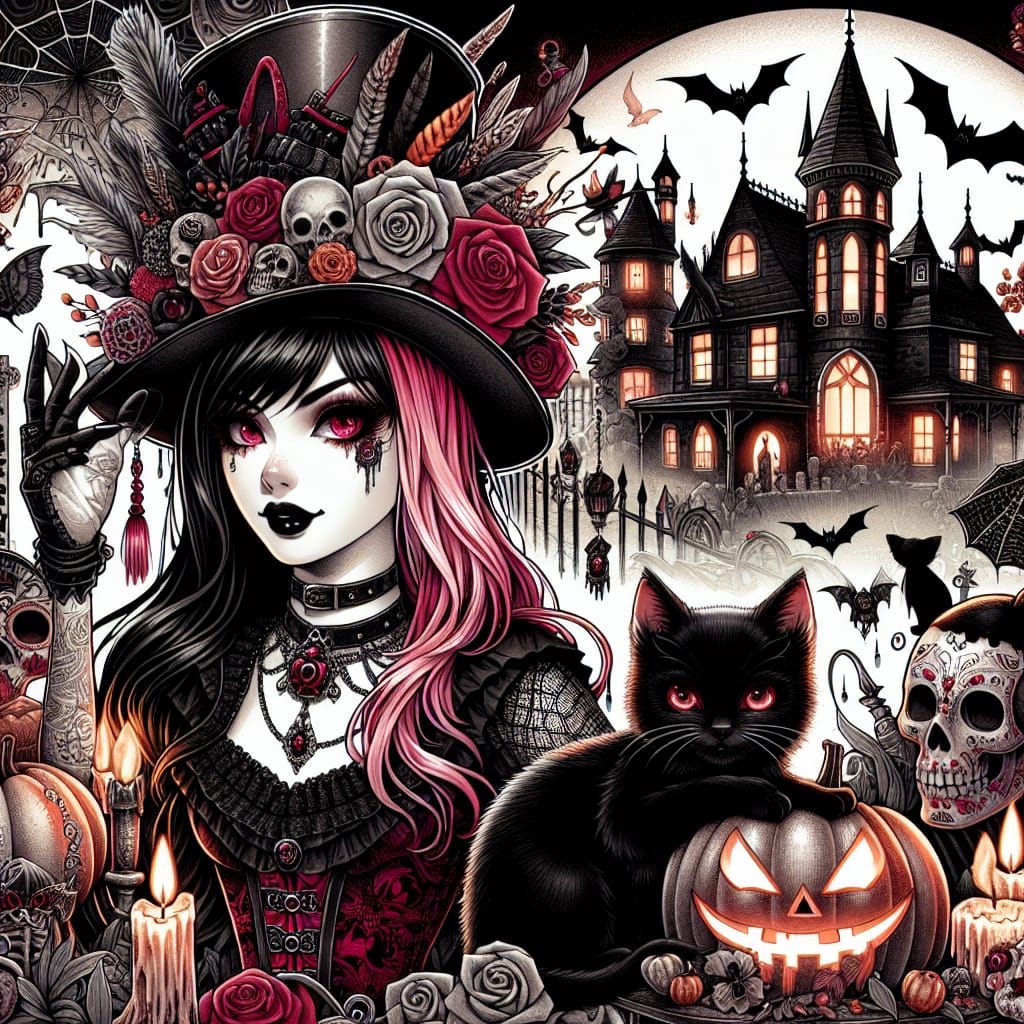 Gothic Halloween Mistress with Ebony Feline