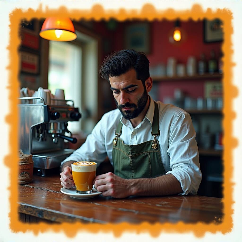 Retro Barista with Vibrant Colors in Bold Lines