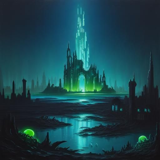 Bioluminescent Creatures in Alien City: Oil Painting