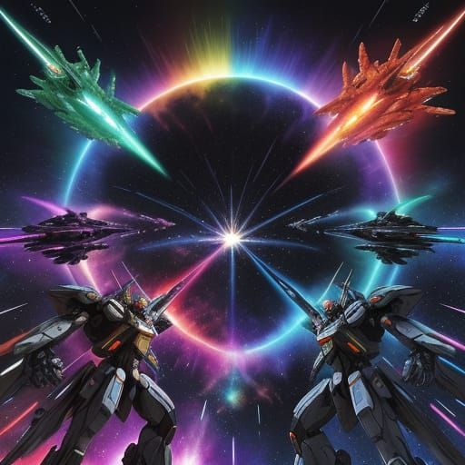 Epic Space Battleship Clash in Vibrant Rainbow Nebula