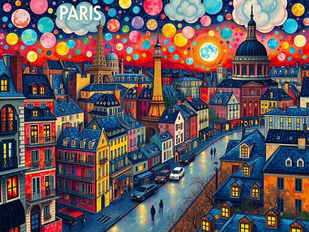 Whimsical Pointillist Cityscape in Seurat Style