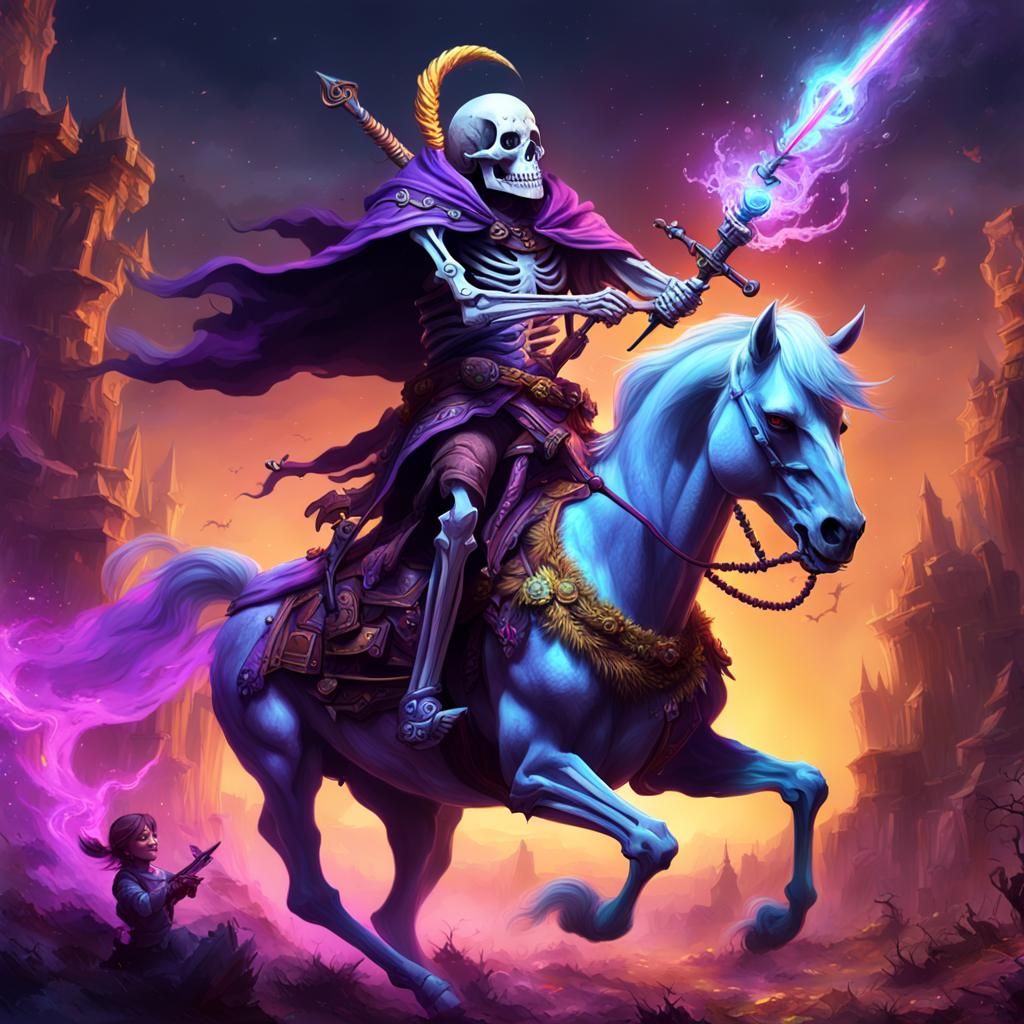 Happy Skeleton Rides Unicorn in Dark Fantasy Art