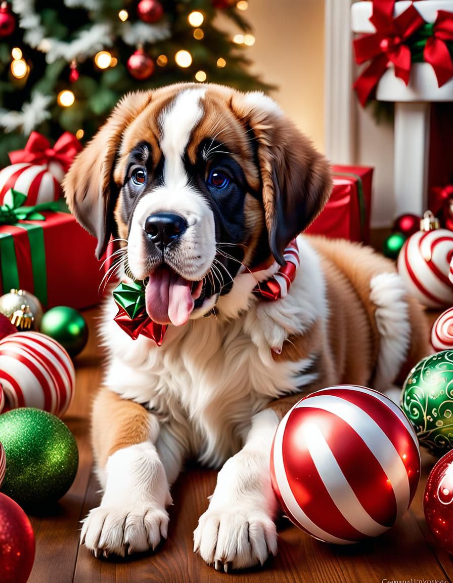Adorable Saint Bernard Puppy's Christmas Photoshoot