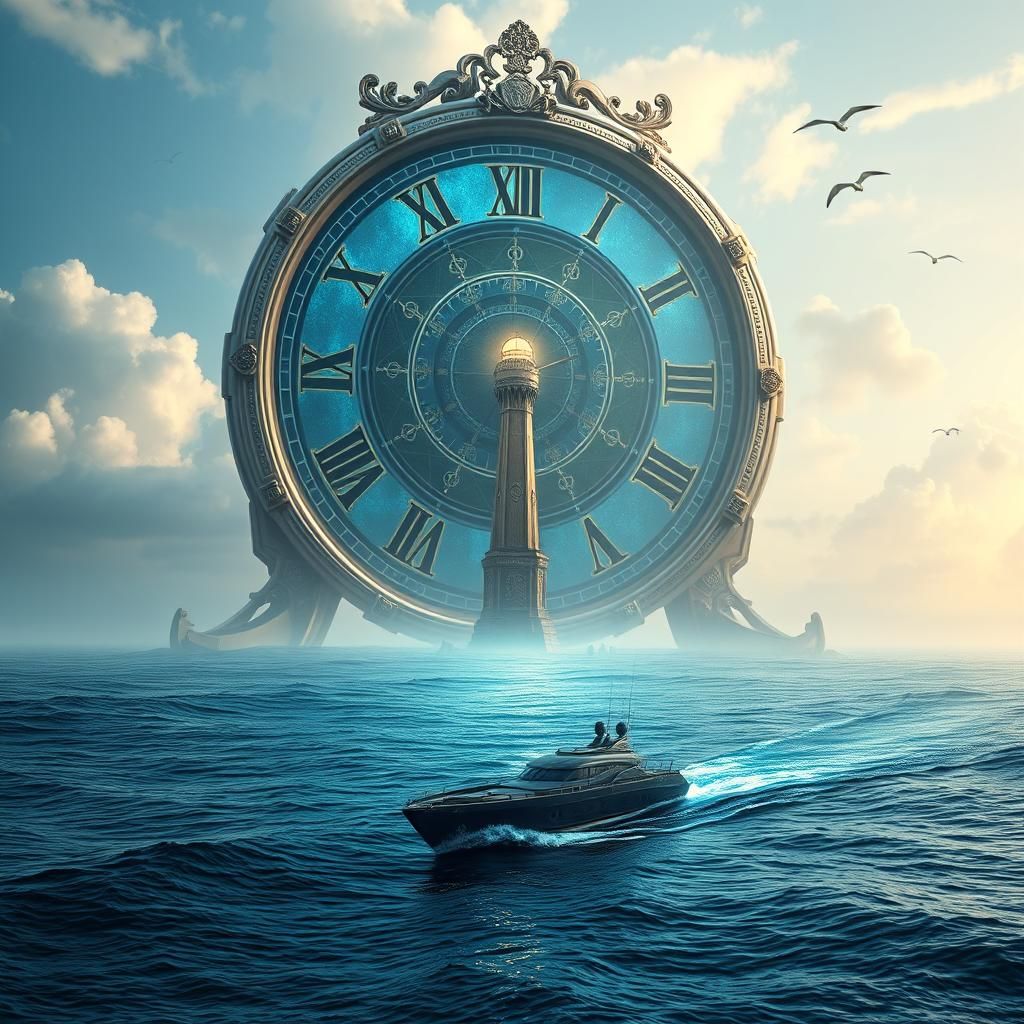 Ship Crosses Ocean Under Retro Clock in Dreamlike Scene