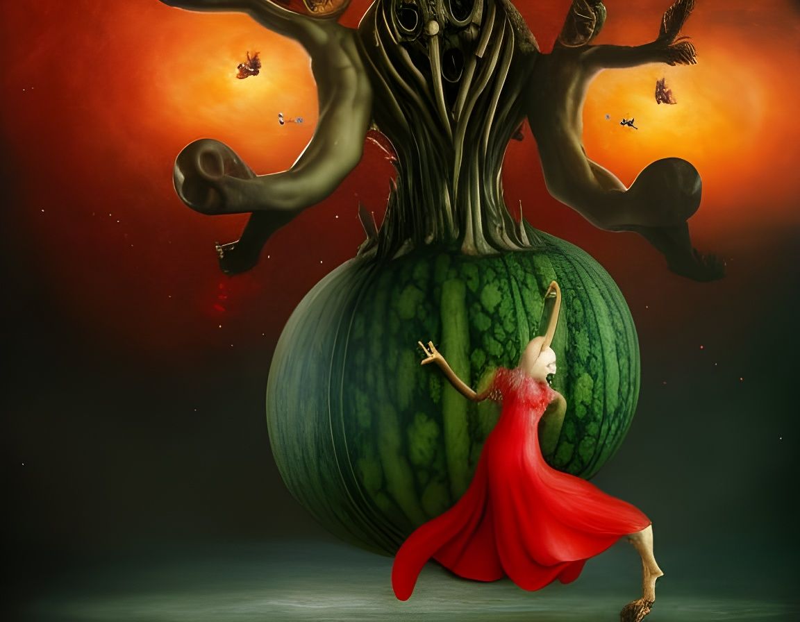 Atlas in Red Dress with Watermelon, Digital Art