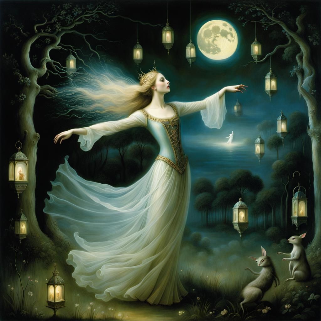 Ethereal Dance Under Moonlight: A Surreal Macabre Vision