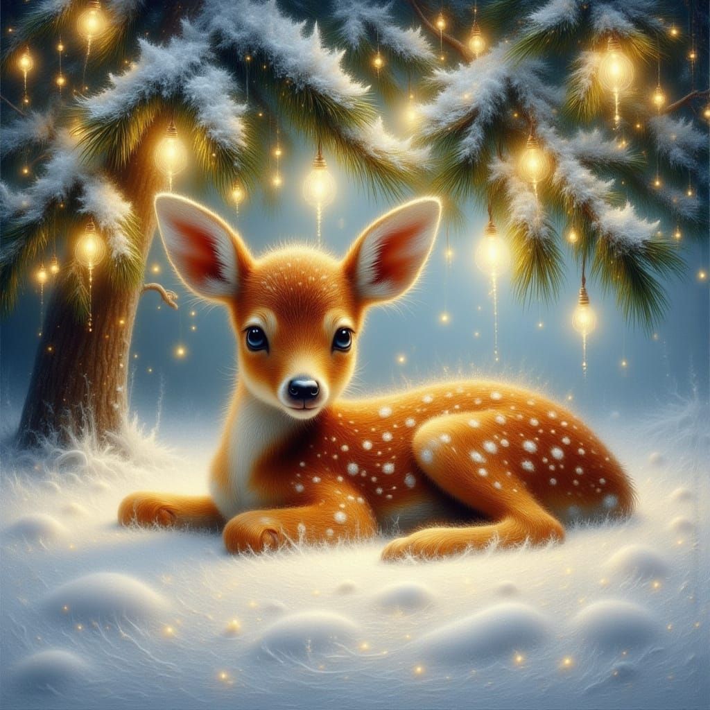 Impressionistic Oil Painting of a Fawn in Snowy Woods