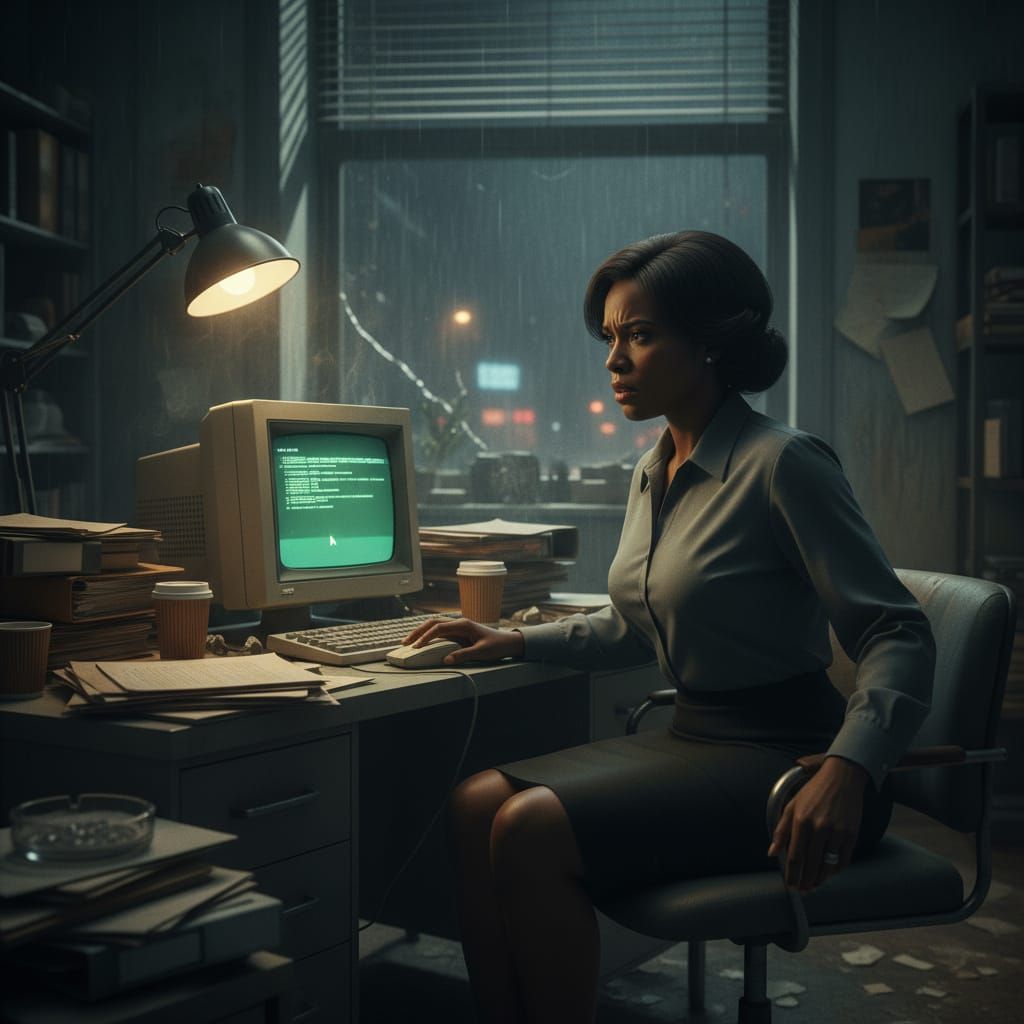 Puzzled Woman Reads Emails in Film Noir Style