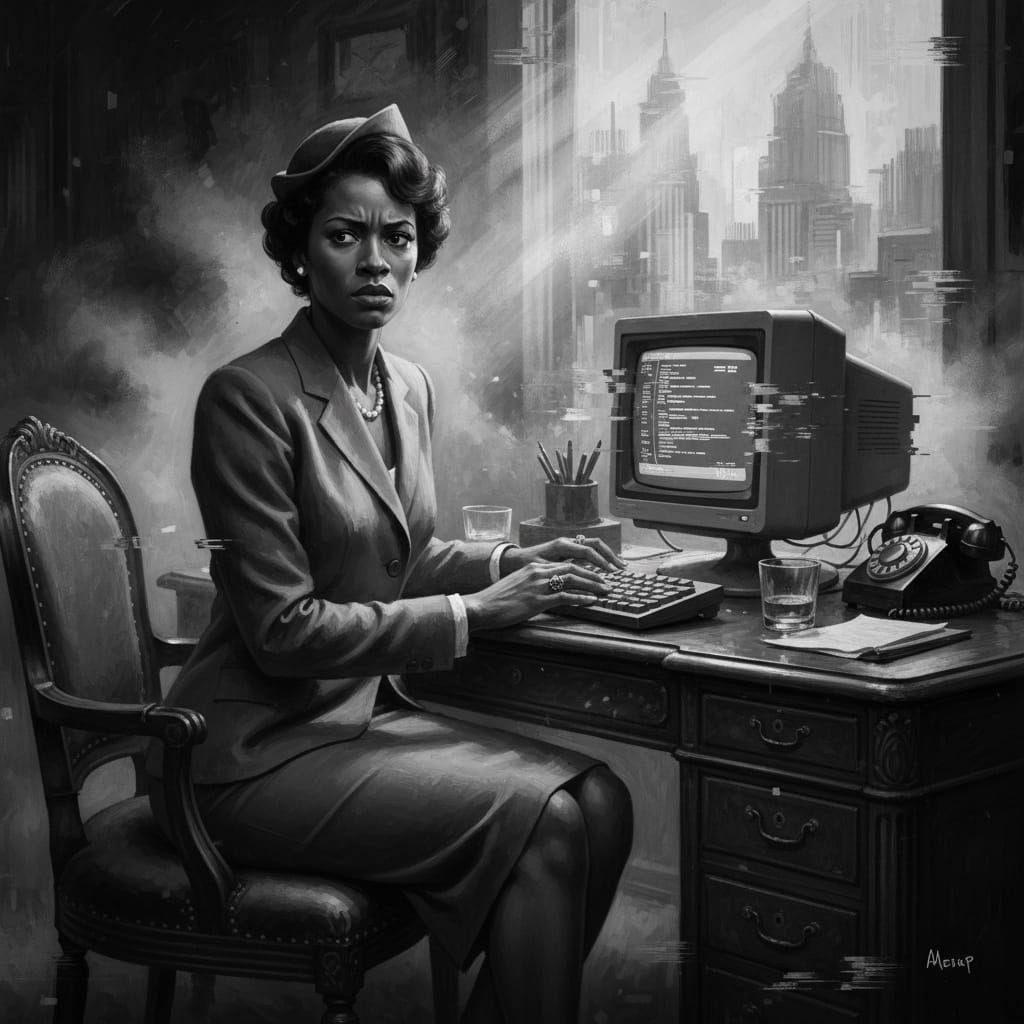 Film Noir Woman Puzzled by Emails at Vintage Desk
