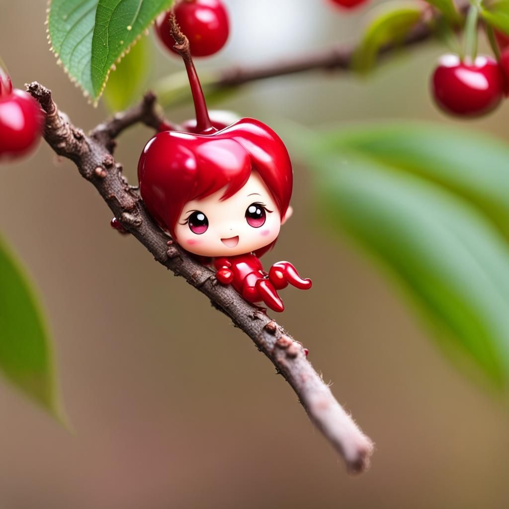 Cute Chibi Cherry Dangling From a Twig: Macro Photo