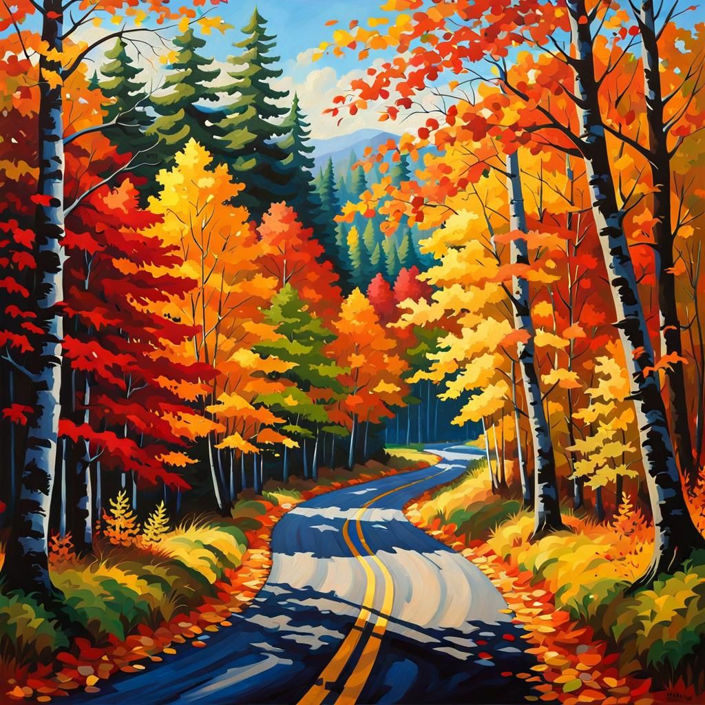 Vibrant Autumn Forest Road Scene