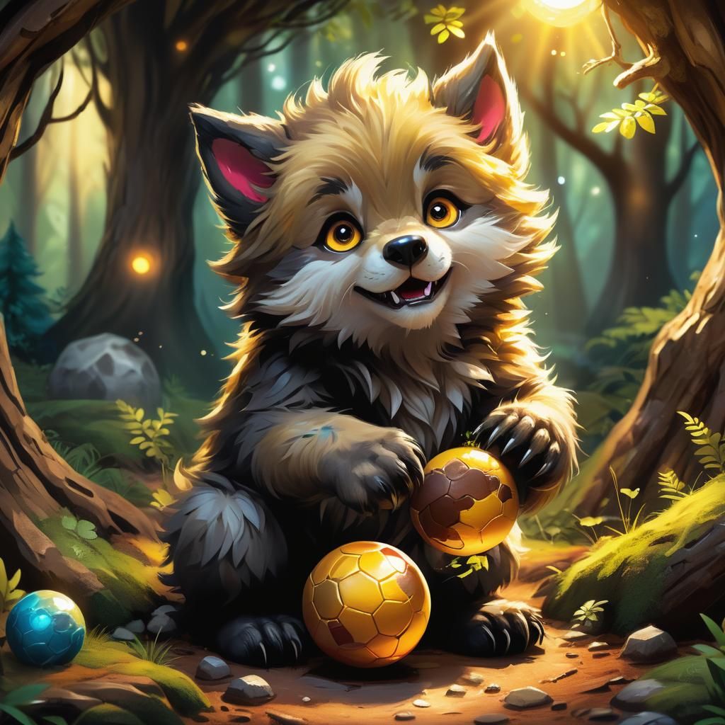 Adorable Wolf Cub Playing: A Whimsical Digital Painting